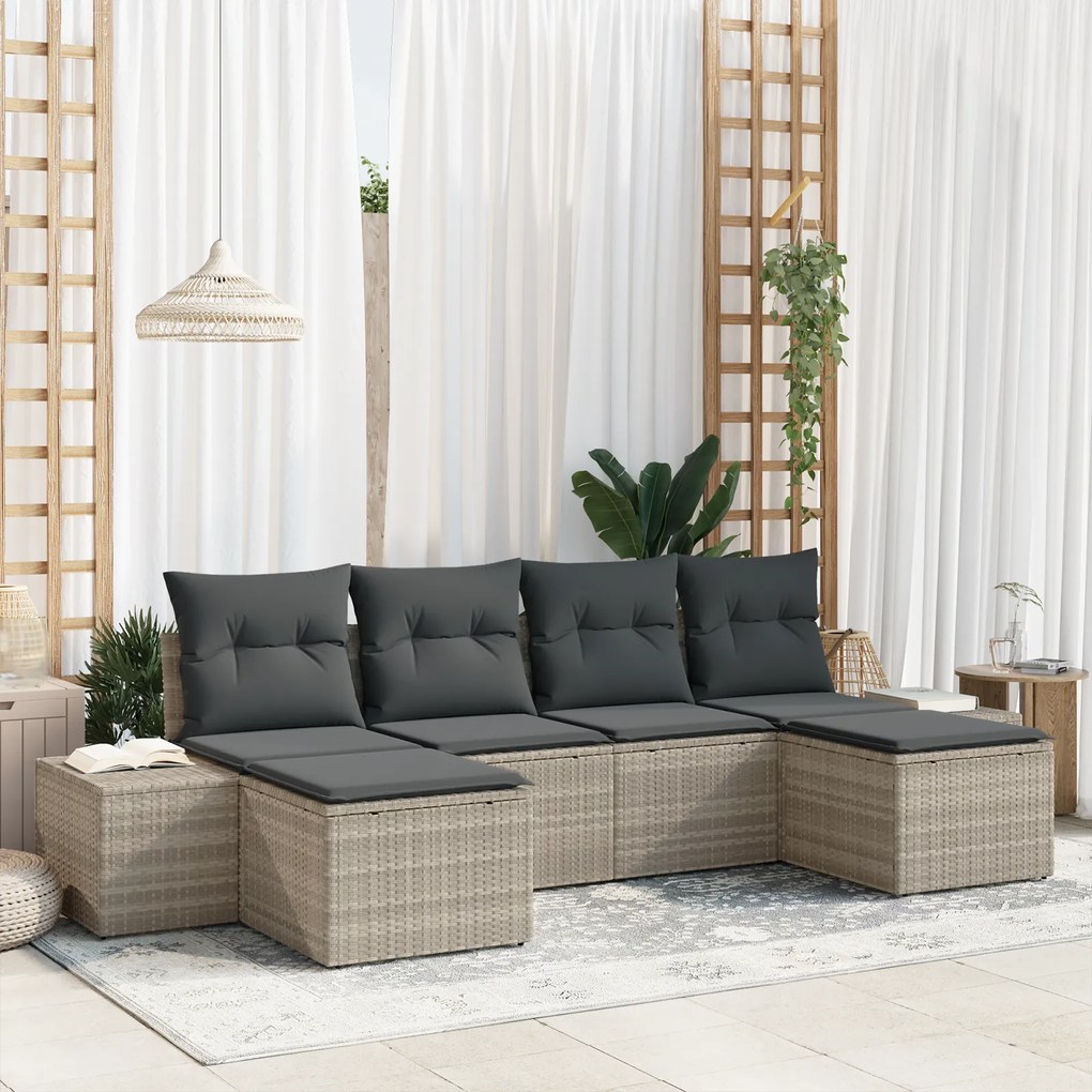Conjunto de Sofá de Jardim de 6 Peças com Almofadas Cinza Claro Rattan