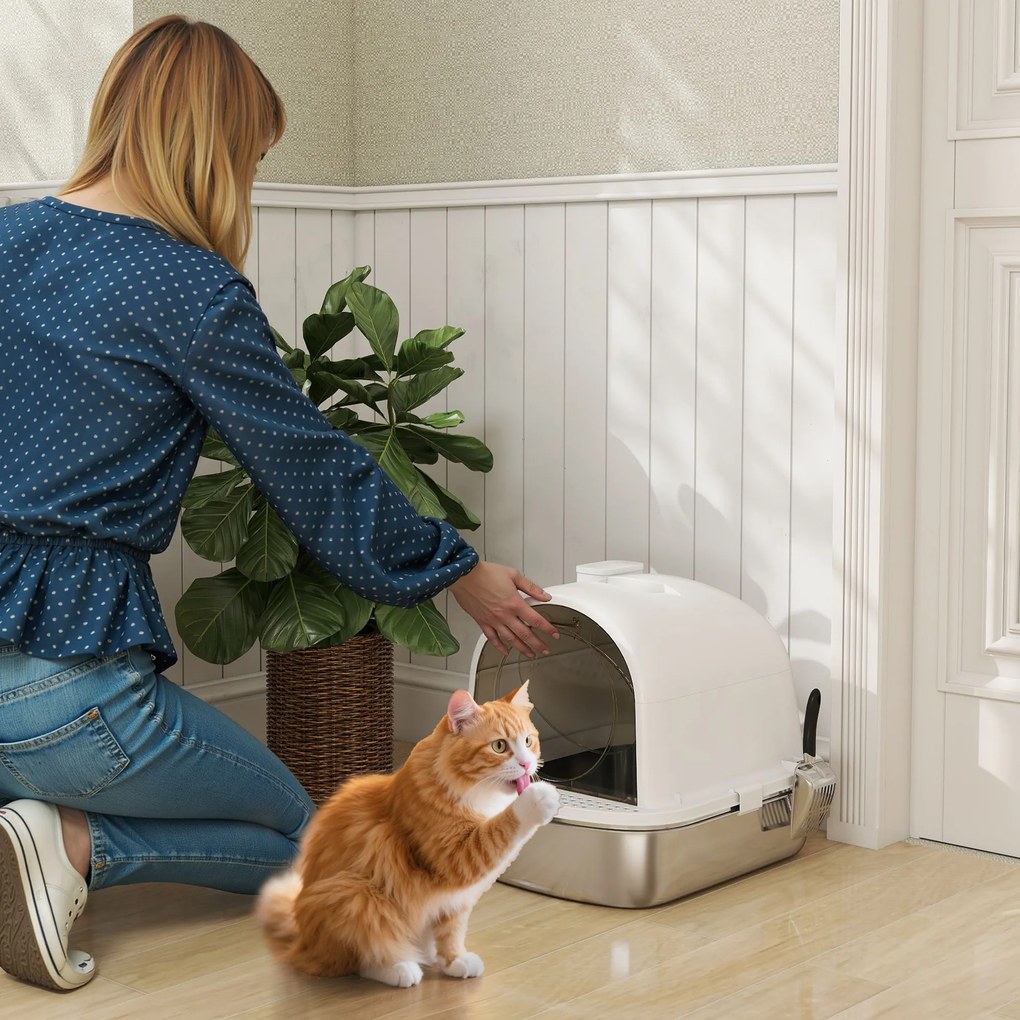 Caixa de Areia para Gatos em Aço Inoxidável com Tampa Caixa de Areia com Bolsa Desodorizante e Pá 52,4x41,3x39,9 cm Branco