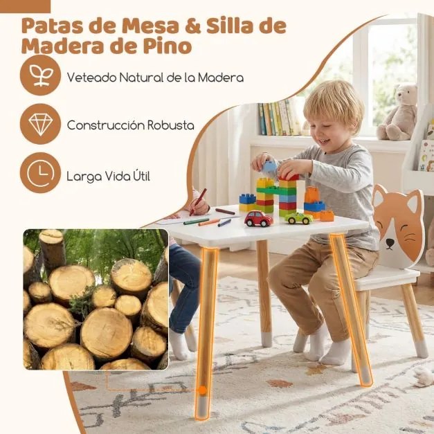 Conjunto de mesa e 2 cadeiras infantis de madeira multiusos para trabalhos manuais, leitura, aprendizagem e refeições Branco + Natural