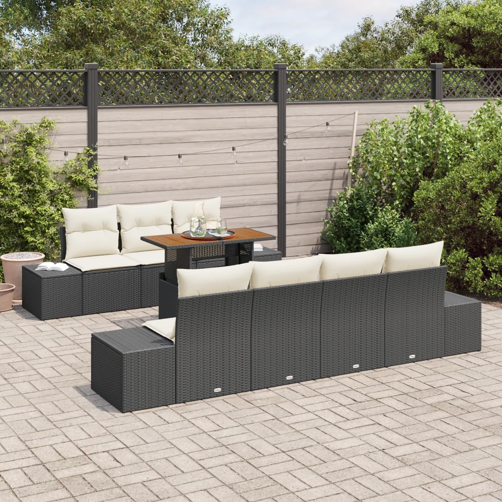 Conjunto de Sofá de Jardim de 8 Peças com Almofadas Pretas em Vime Pol