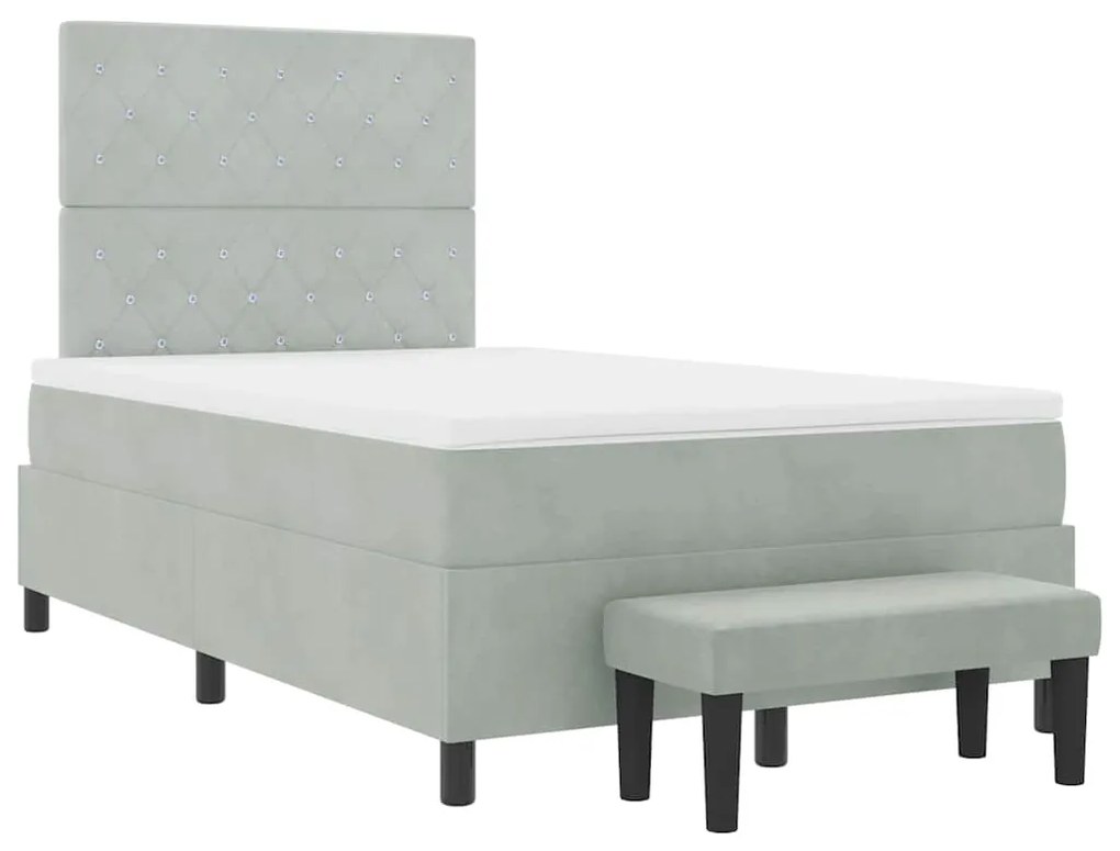 Cama Box Spring com Colchão &amp; Banco Cinza Claro 120x190 cm Veludo