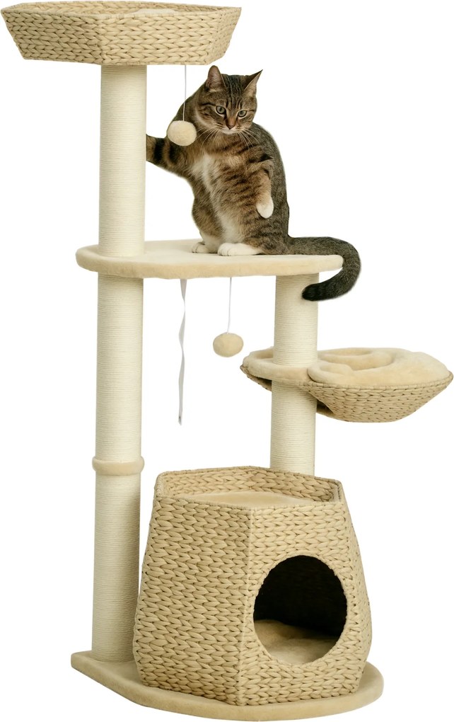 Arranhador para gatos, para trepar, arranhador para gatos, altura 119 cm, colunas reforçadas com nicho, rede e 2 bolas suspensas