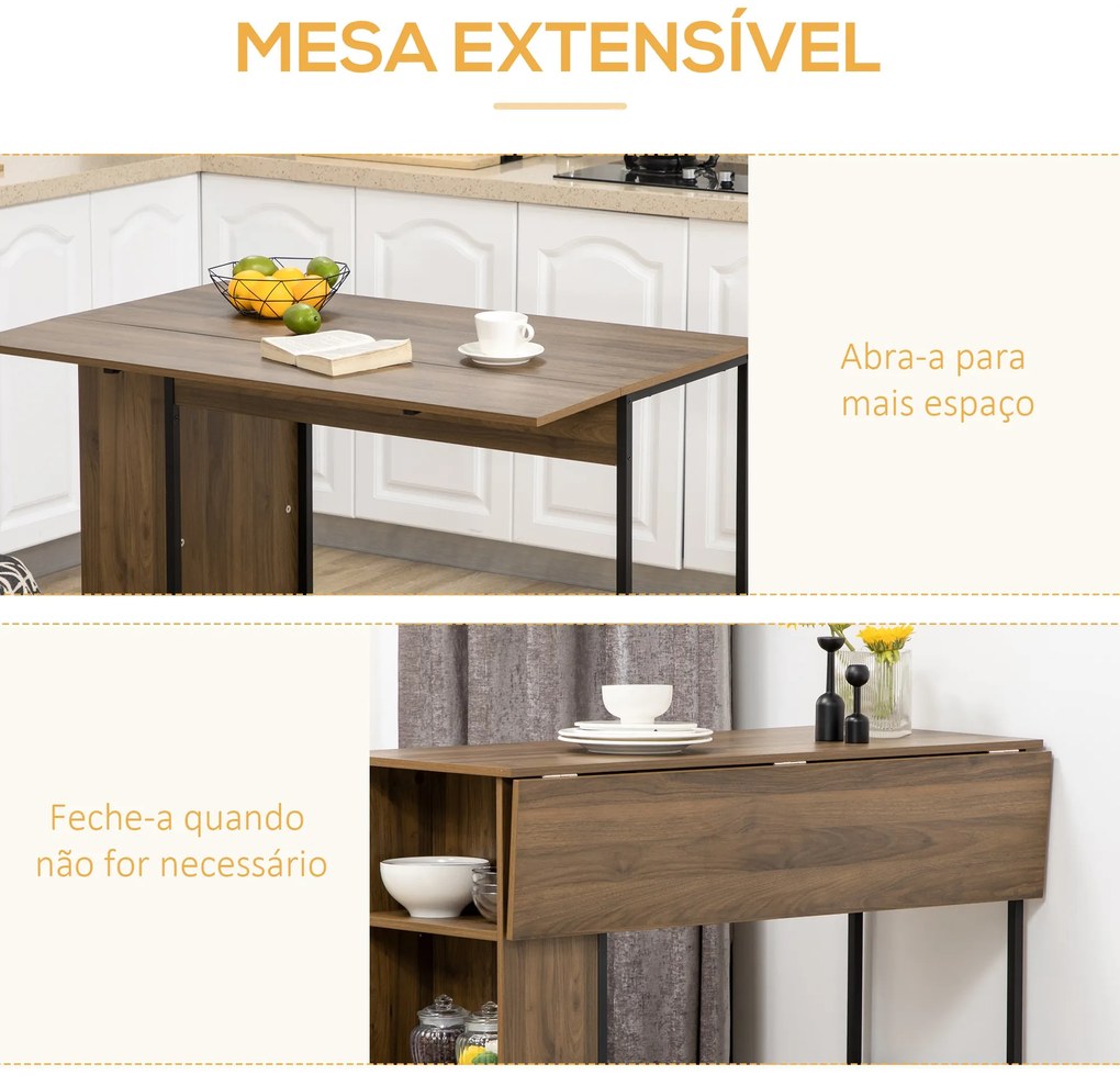 Mesa de Bar Extensível Mesa de Bistrô com 3 Prateleiras de Armazenamento e Estrutura de Metal para Cozinha Sala de Jantar 120x76x91,4cm Marrom