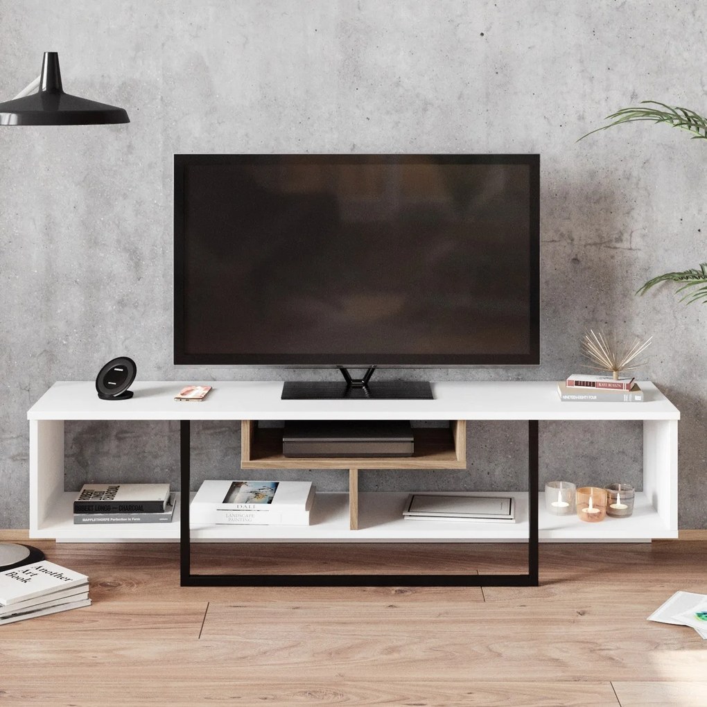 Móvel TV Asal – Branco Preto Carvalho – 149,4x40,2x35,2 cm
