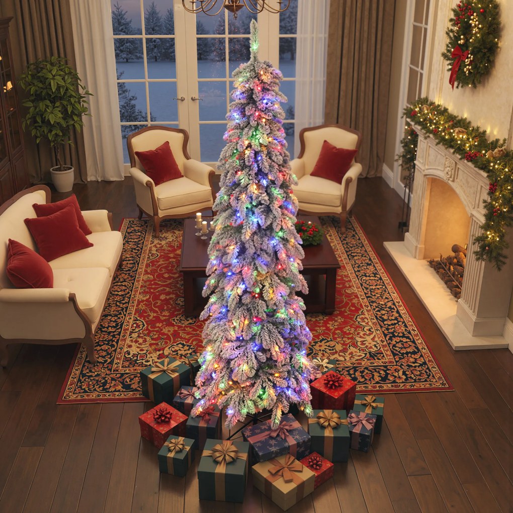 Árvore de Natal Estreita 225 cm Árvore de Natal efeito neve com Luzes LED Temporizador 11 Modos de Iluminação Verde