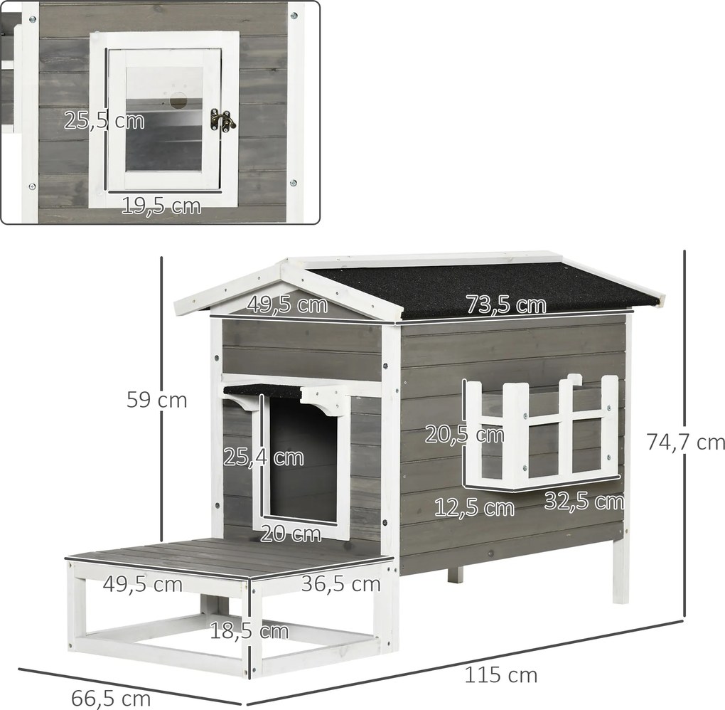 Casinha para gatos com compartimentos abertos externos elevados e terraço impermeável em madeira, 115 x 66,5 x 74,7 cm, cinzenta