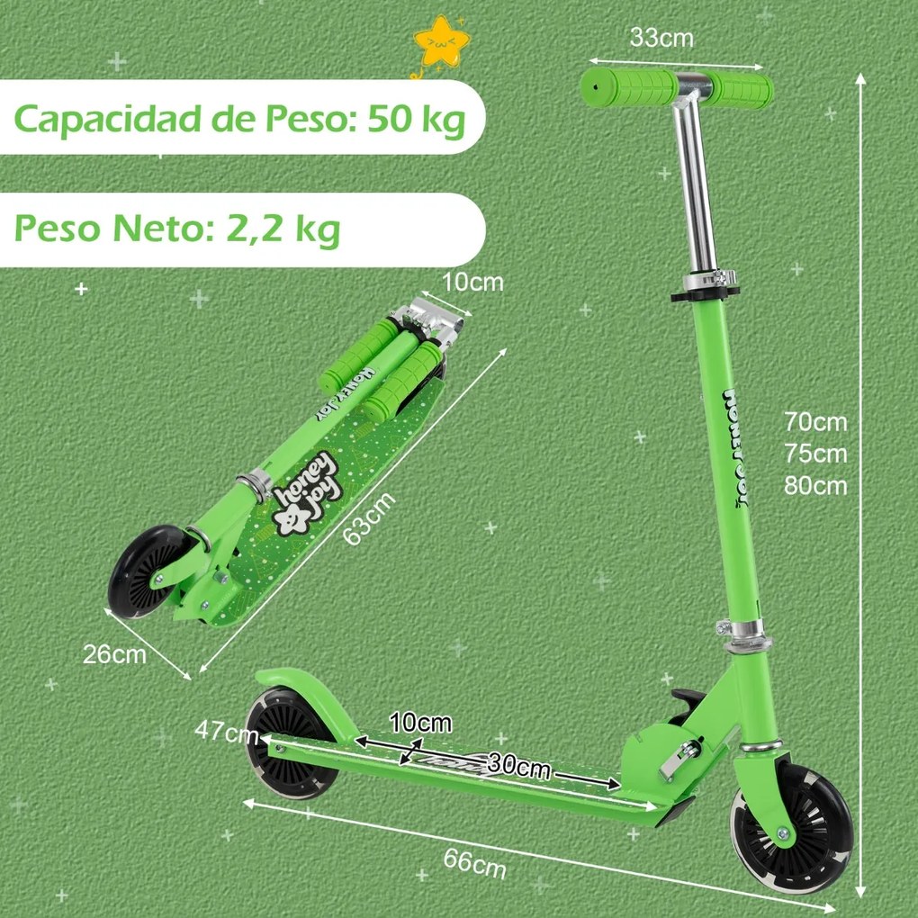 Trotinete dobrável para crianças com 2 rodas intermitentes, guiador ajustável e sistema de travagem traseiro Verde