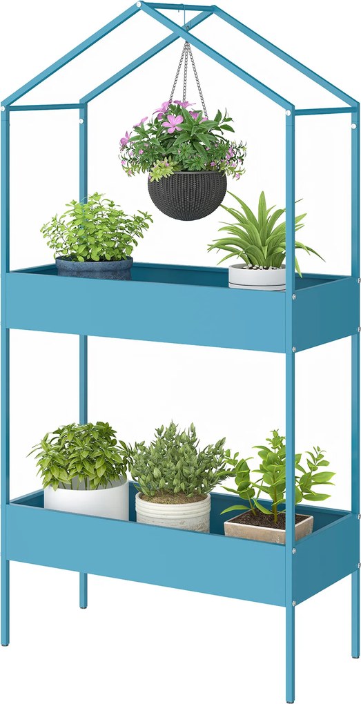 Prateleira para plantas de 2 níveis 75 x 35 x 150 cm, suporte para plantas em metal com gancho, suporte para vasos em forma de casa, azul