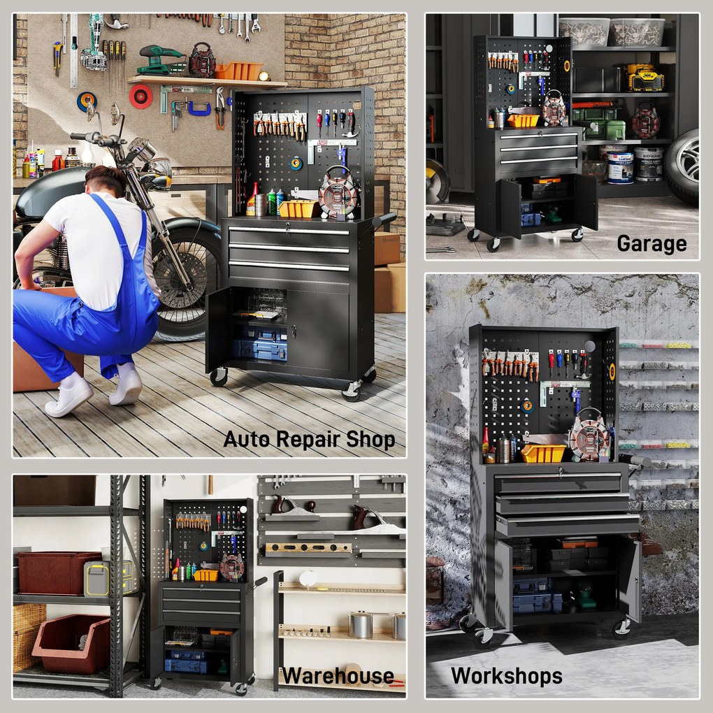Carrinho de Ferramentas com 3 Gavetas e Painel de Perfurado Fechadura com Chave Prateleira Ajustável 2 Rodas com Travão de Bloqueio 69x33x133 cm Preto
