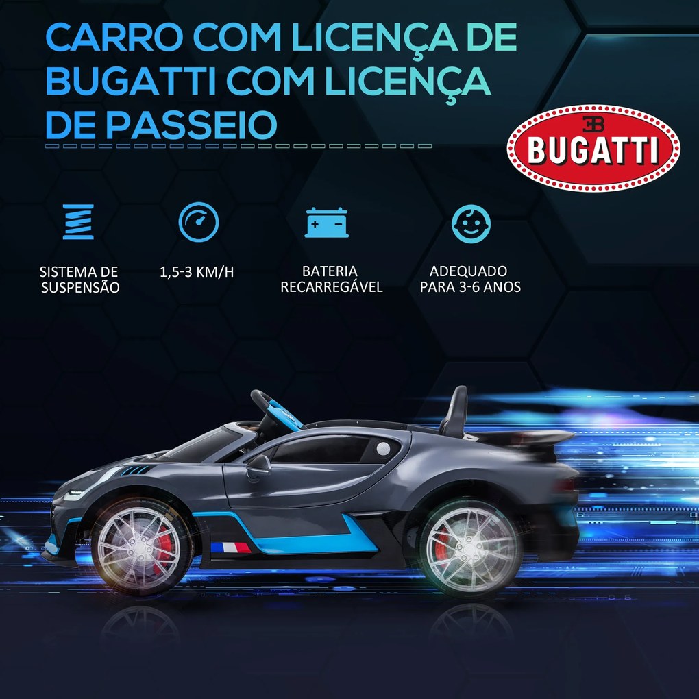 Carro Elétrico Infantil Bugatti Divo para Crianças de 3-6 Anos Carro a Bateria 12V com 2 Motores Controlo Remoto Faróis LED Buzina Música USB MP3 e Ve