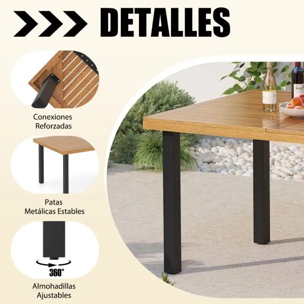 Mesa de jantar para jardim para 8 pessoas com orifício para guarda-sol e pernas de metal 200 x 100 x 75 cm Natural
