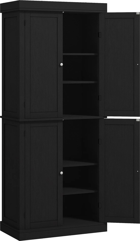 HOMCOM Móvel Alto de Cozinha com 6 Prateleiras Ajustáveis e 4 Portas em Madeira 76x40,5x184 cm Preto | Aosom Portugal