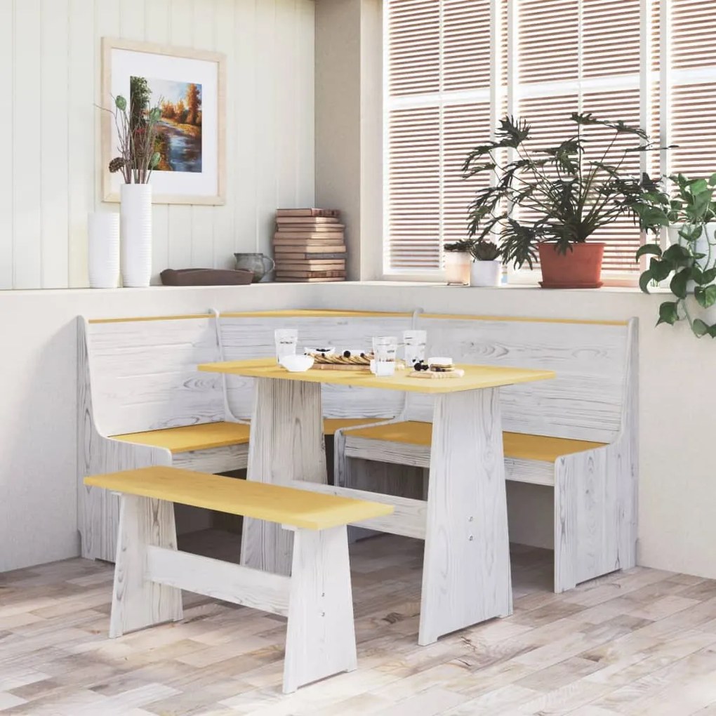 327253 vidaXL Mesa de jantar com banco pinho maciço castanho mel/branco