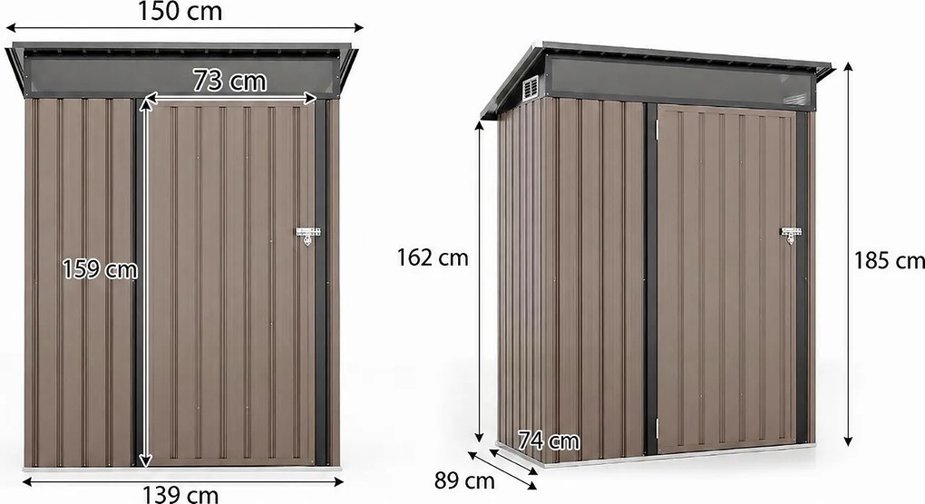 Abrigo de Jardim para Ferramentas, 150 x 89 x 185 cm, Cobertura Inclinada, Cinzento