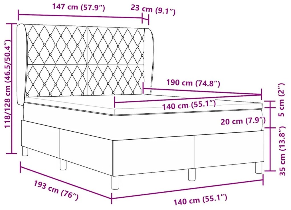 Cama Box Spring com Colchão Cinza Claro 140x190 cm em Veludo