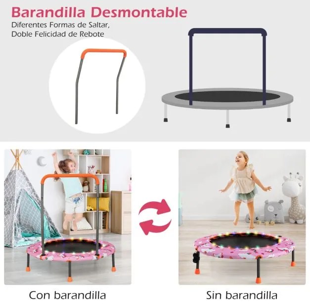 Trampolim para crianças 92 cm com luzes LED Pega de segurança Tapete de saltos redondo Cobertura 3-6 anos Rosa