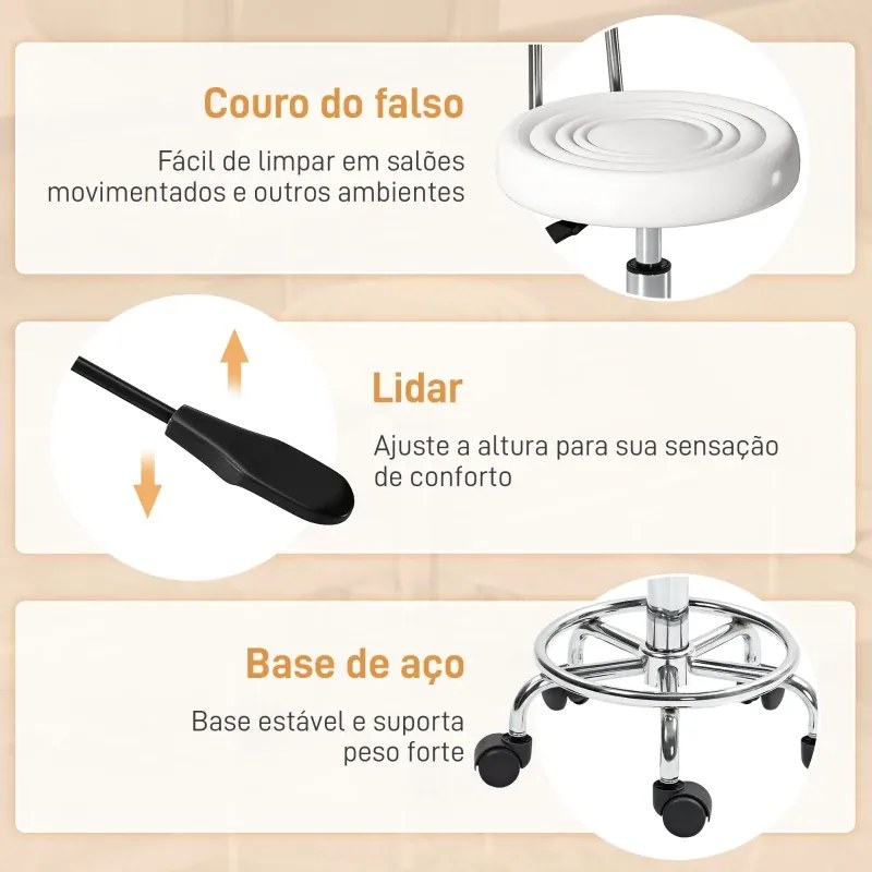 Banco Giratório com Rodas e Encosto Banco de Trabalho maquilhagem Cabeleireiro com Altura Ajustável Banco Estofado em Couro Sintético 32x40x70x70-86