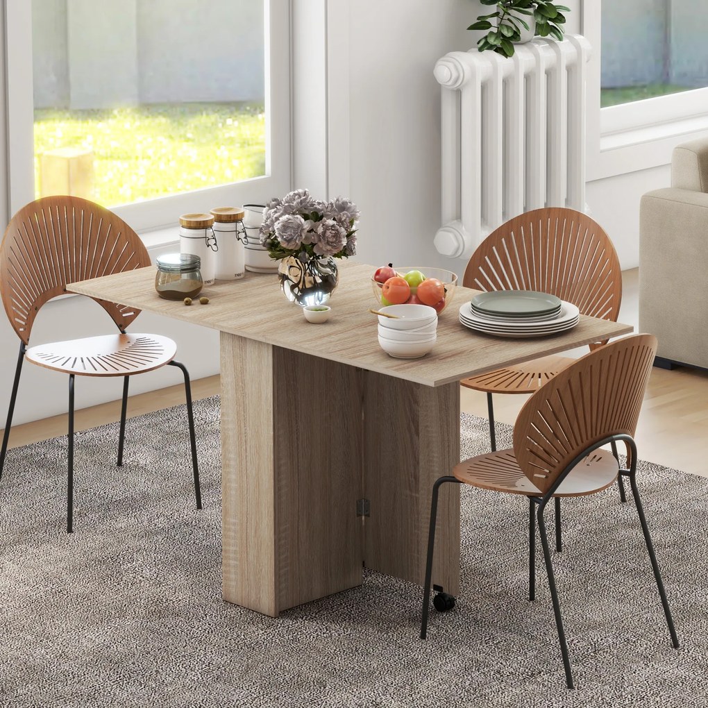 Mesa de Sala de Jantar Dobrável Mesa de Madeira com 2 Prateleiras de Armazenamento e Rodas para Cozinha 75x140x74 cm Castanho