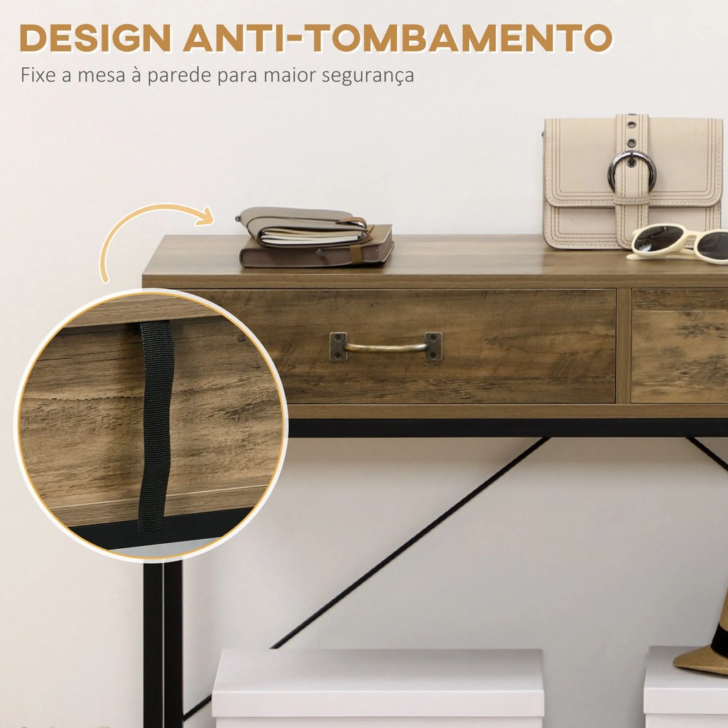 Mesa Consola Industrial Mesa de Sofá com 2 Gavetas e Prateleira para Entrada com Pés de Metal Castanho e Preto