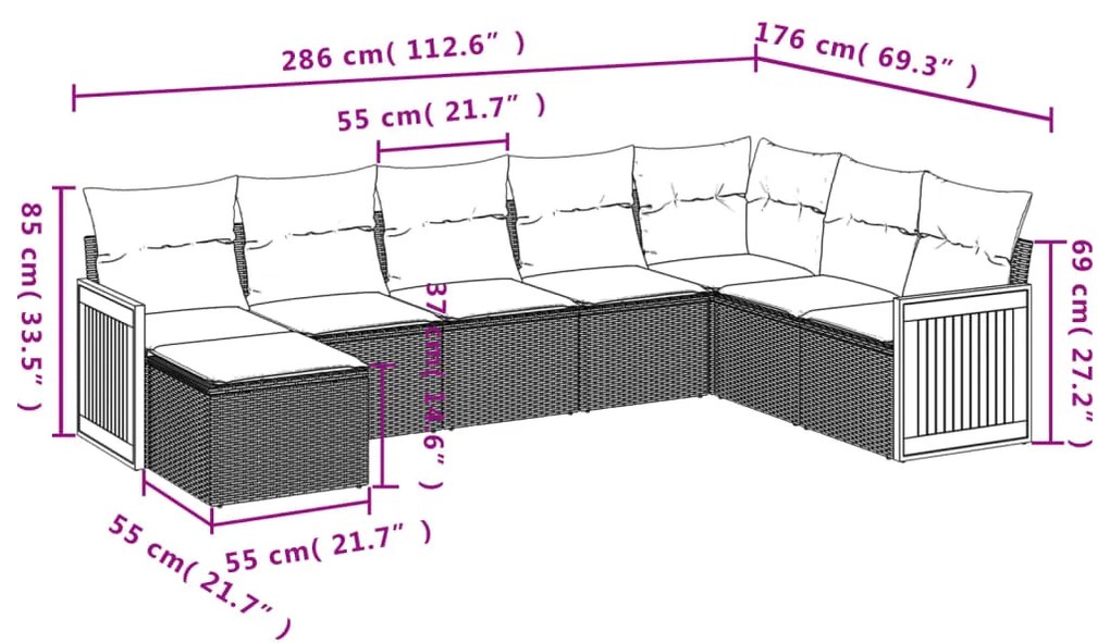 8 pcs conjunto de sofás p/ jardim com almofadões vime PE bege