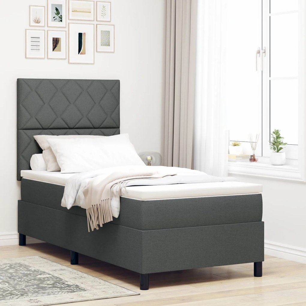 Cama Box Spring com Colchão & Luz LED Cinza Escura 90x200 cm Tecido