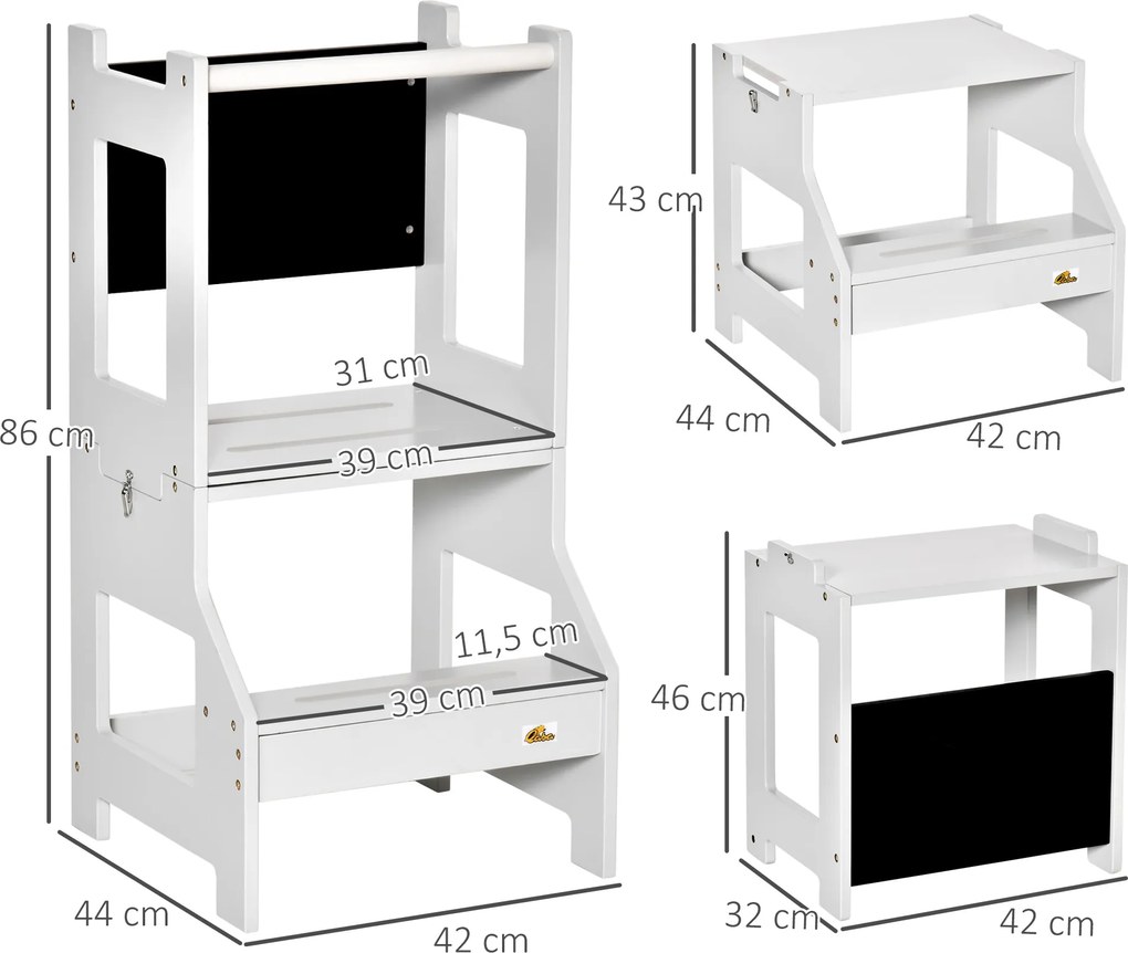 Torre de Aprendizagem para Crianças de Madeira Convertível em Secretária com Ardósia e Barra de Segurança 42x44x86 cm Cinza