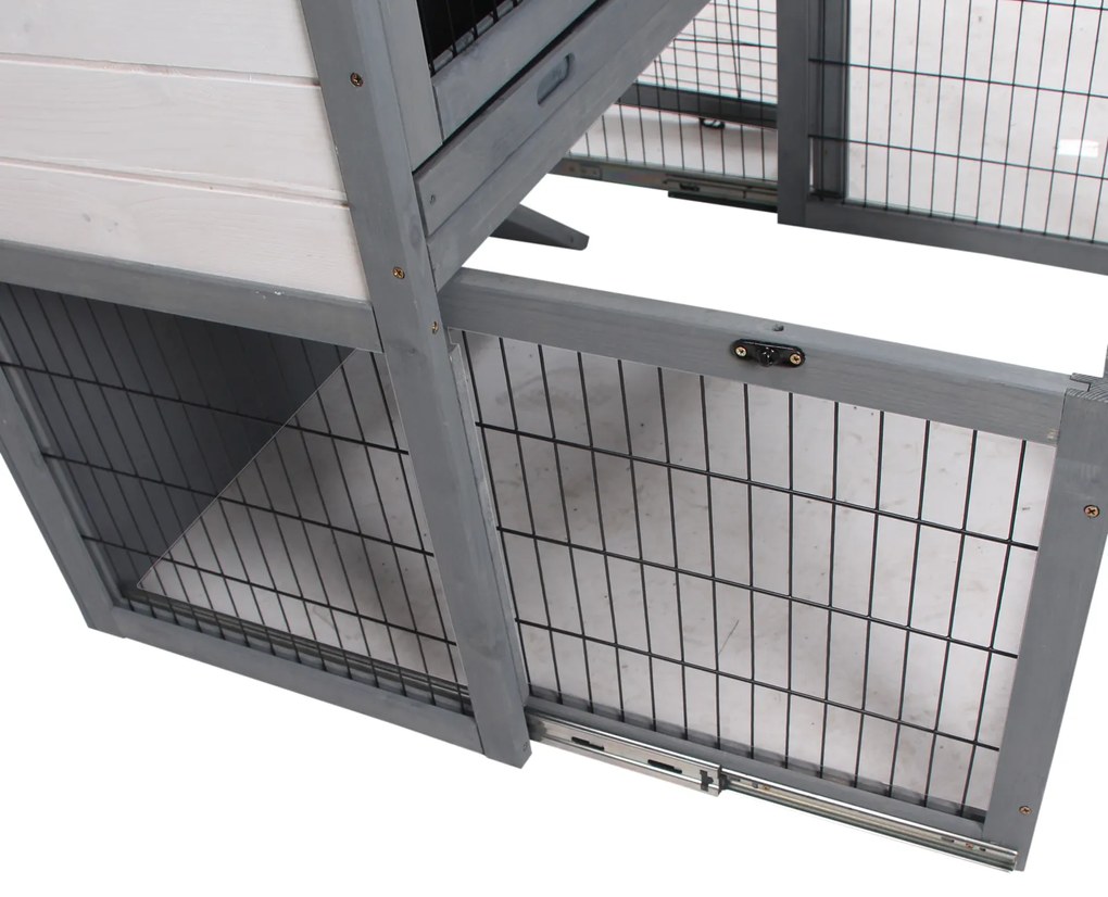PawHut Coelheira de Exterior de Madeira de 2 Níveis Gaiola para Coelhos e Animais Pequenos com Teto Asfástico Zona Aberta Bandeja Removível e Rampa 101,5x90x100cm Cinza