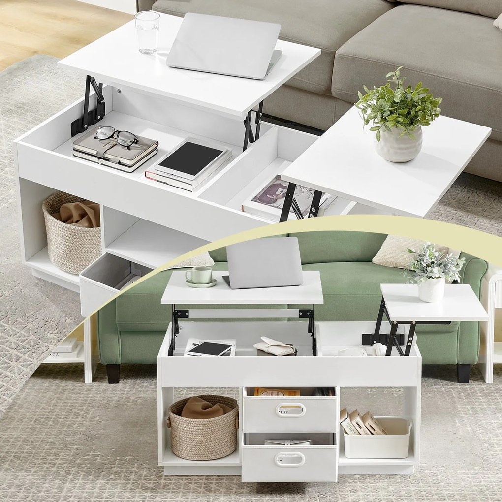 Mesa de centro com 2 gavetas e compartimentos 50 x 100 x 48 cm/62,3 cm branco
