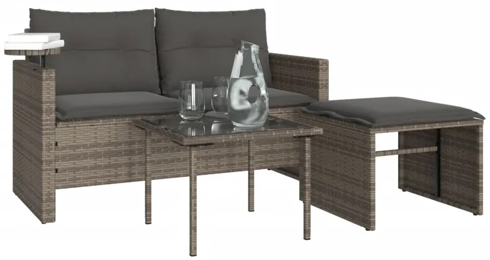 3 pcs conjunto sofás de jardim c/ almofadões vime PE cinzento