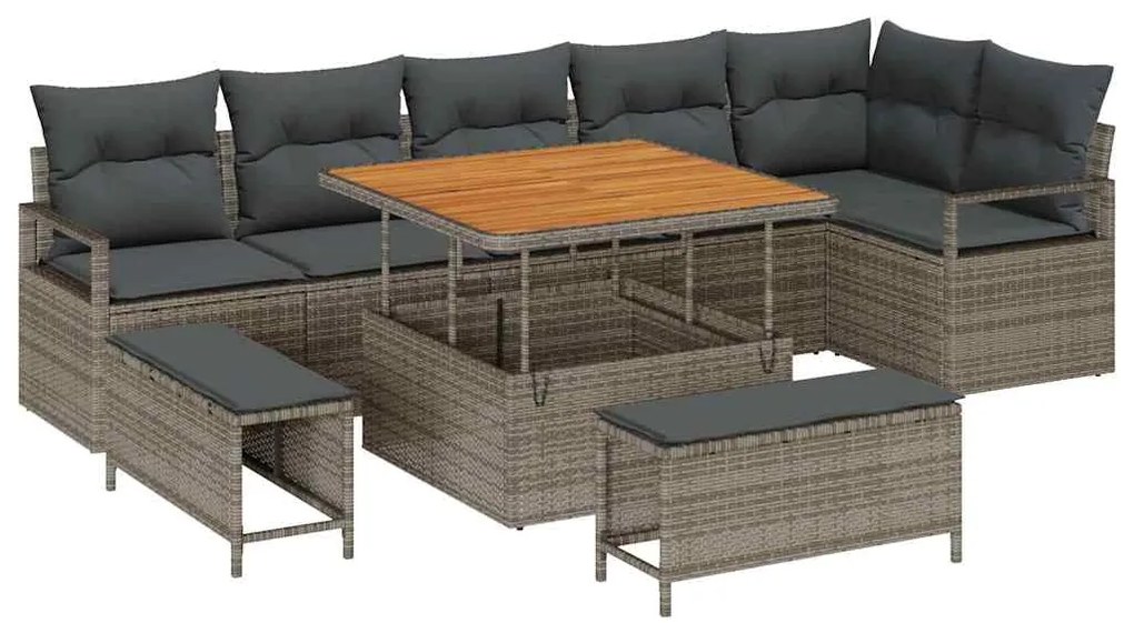 Conjunto de Sofá de Jardim de 9 peças com Almofadas Cinza Polirattan A