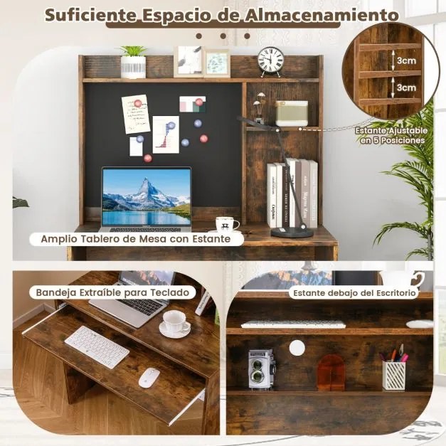 Secretária para computador 89 x 50 x 138 cm com quadro de avisos magnético com prateleira e bandeja para teclado para estúdio Castanho