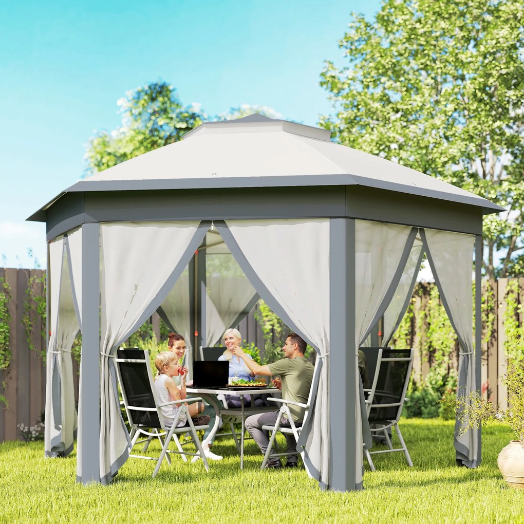 Tenda Dobrável 4x3,4 m Tenda de Jardim Hexagonal com Duplo Tecto 6 Mosquiteiras Destacáveis e Saco de Transporte Cinzento