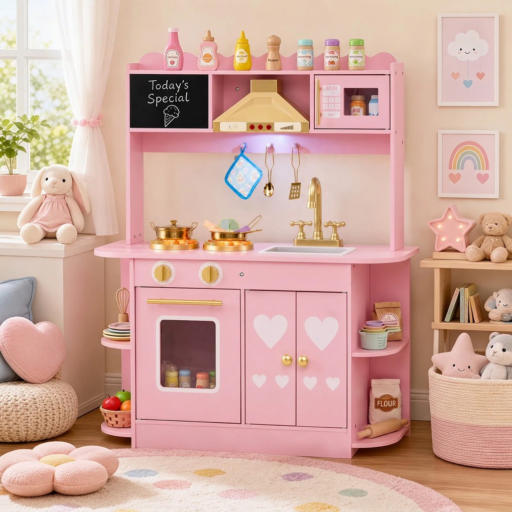 Cozinha Infantil de Brincar, 79,5 x 29,5 x 97 cm, com Exaustor e Quadro para Desenhar, Cor-de-rosa