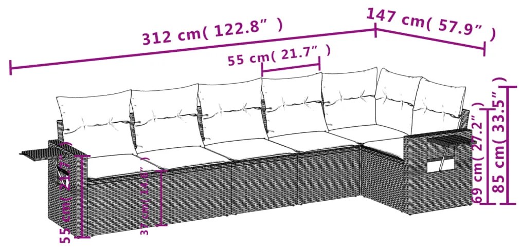 6 pcs conjunto de sofás jardim c/ almofadões vime PE castanho