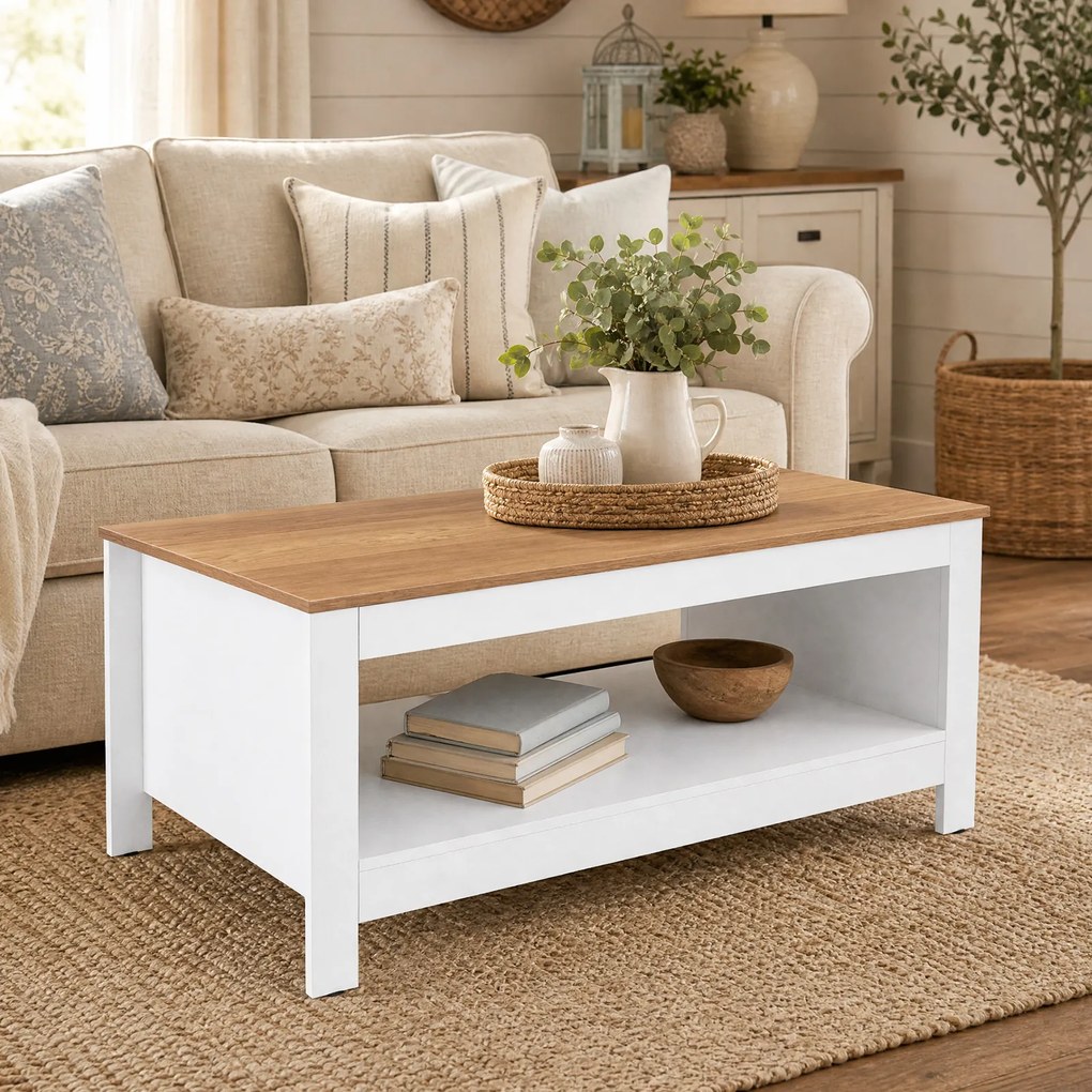 Mesa de Centro, 105 x 60 x 46 cm, Arrumação Dupla, Natural e Branco