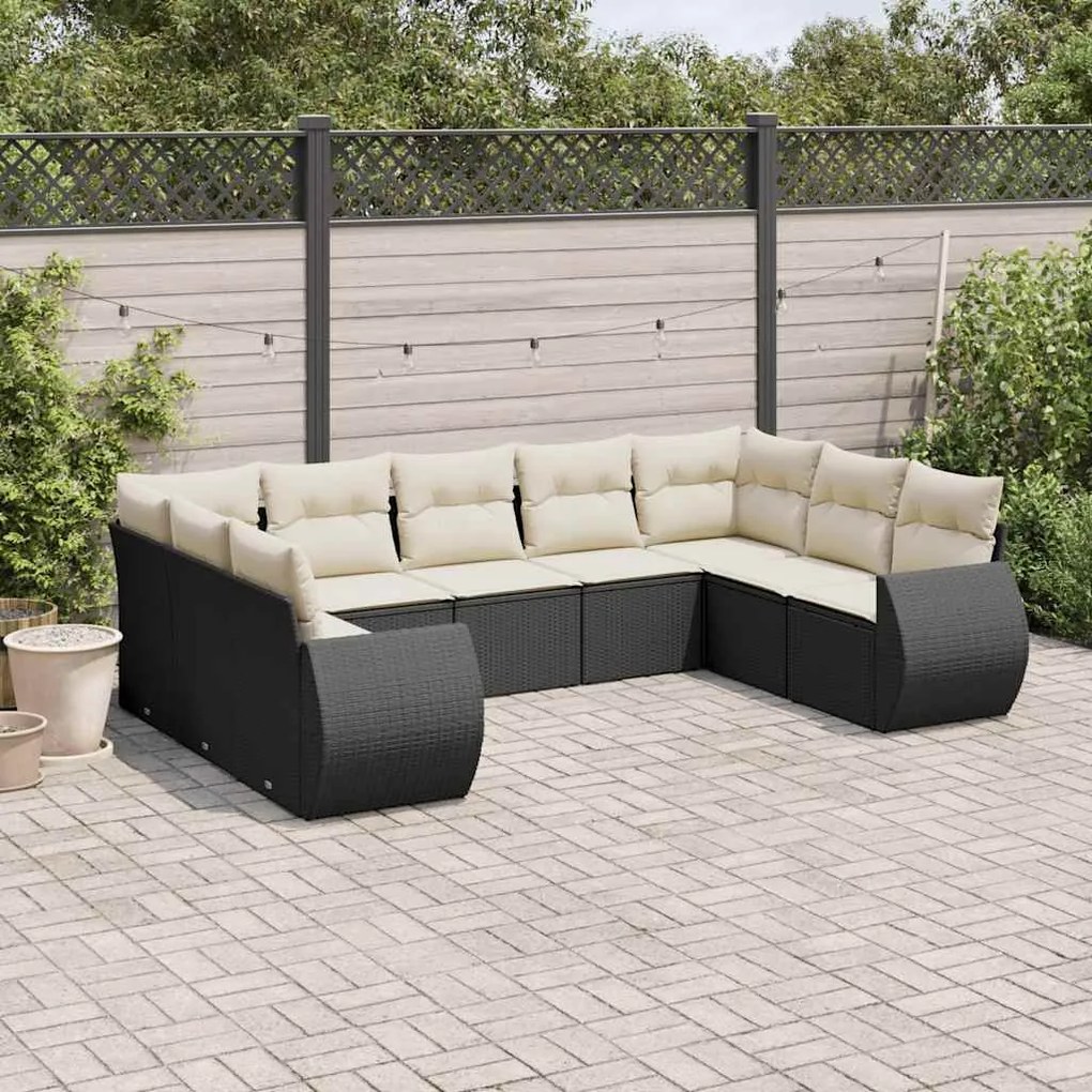 9 pcs conjunto de sofás p/ jardim c/ almofadões vime PE preto