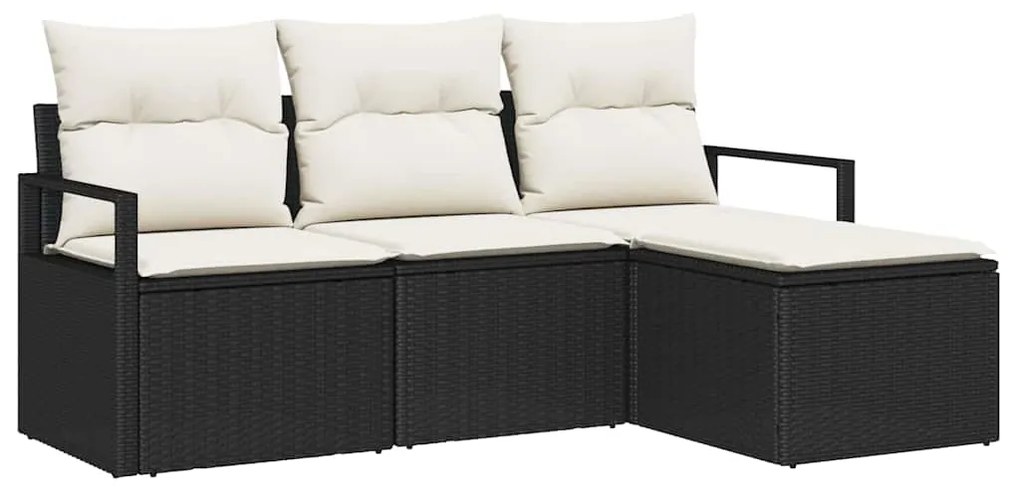 Sofá de Jardim 4 Peças com Almofadas Pretas em Polyrattan