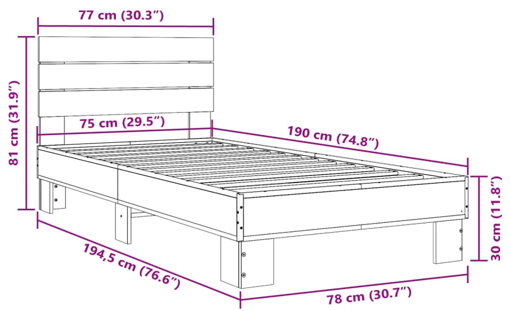 Estrutura de cama derivados de madeira e metal cinzento sonoma