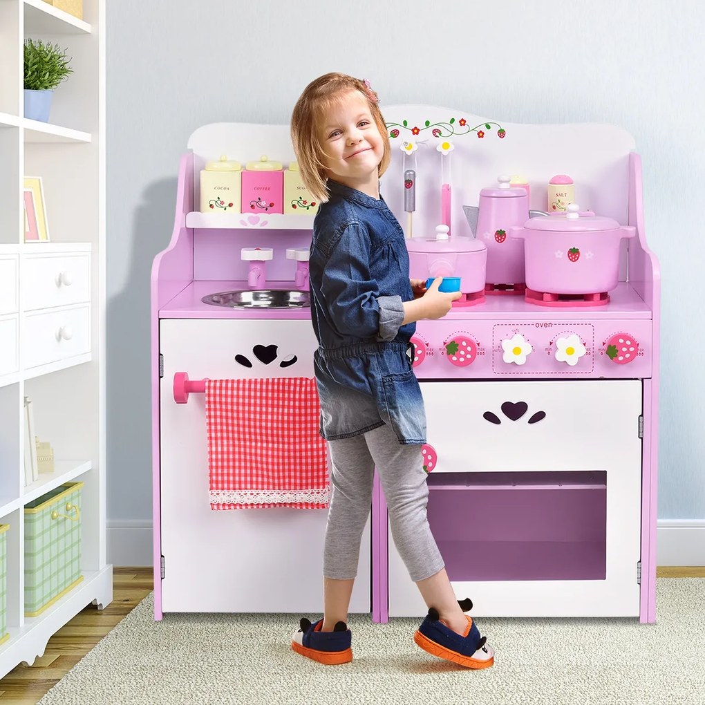 Cozinha brincar infantil madeira morango forno infantil com acessórios Rosa