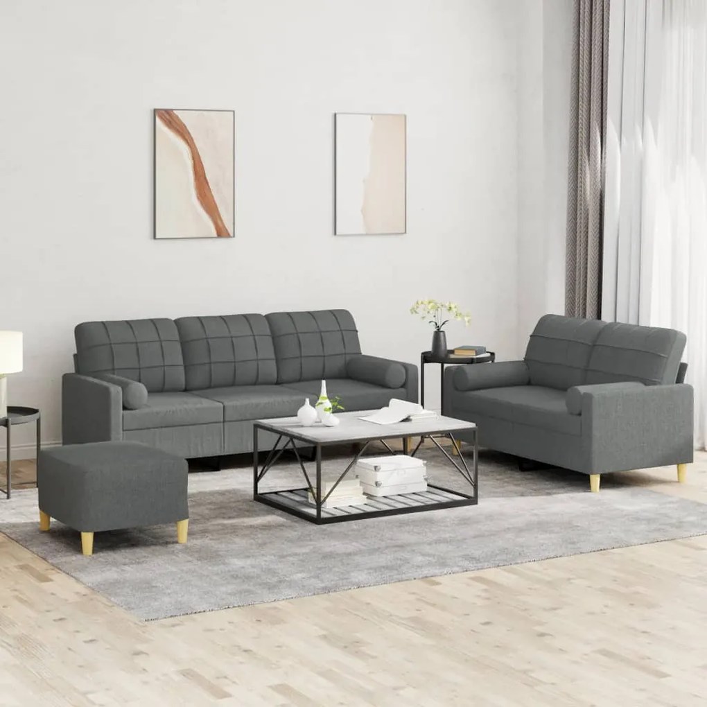 vidaXL 3 pcs conjunto de sofás com almofadas tecido cinzento-escuro