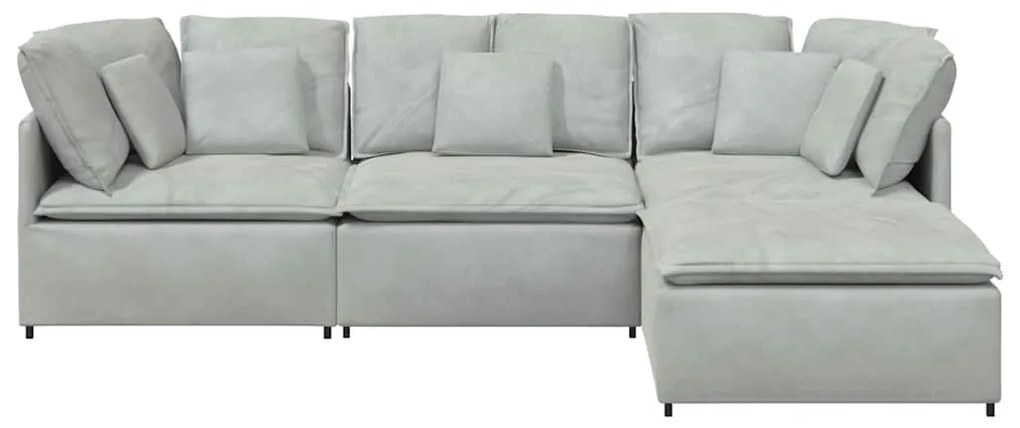 Sofá modular com pufes e almofadas veludo cinzento-claro