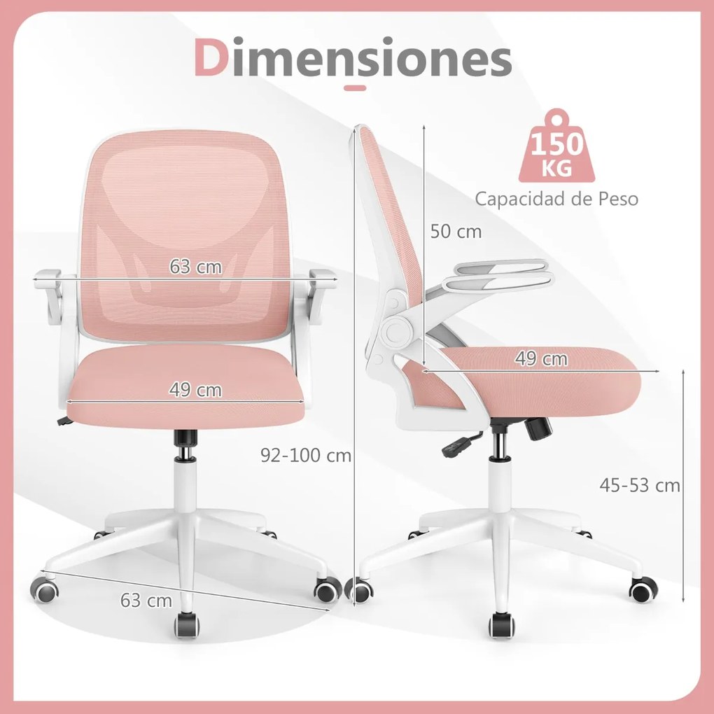 Cadeira de escritório ergonómica com apoio lombar integrado, apoios de braços rebatíveis, rodas universais, altura ajustável, Rosa