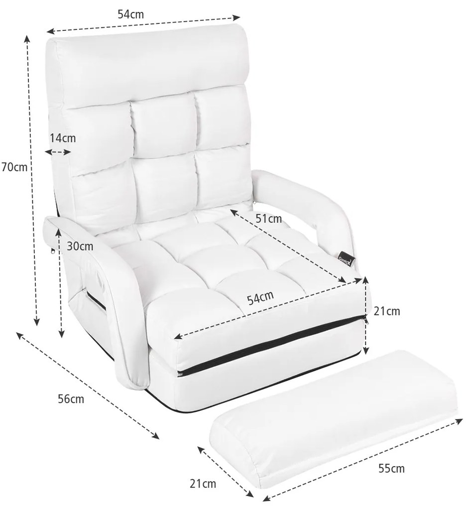 Sofá Cama de Chão individual dobrável com almofada multifuncional para quarto Sala de estar Varanda 67 x 65 x 72 cm Branco