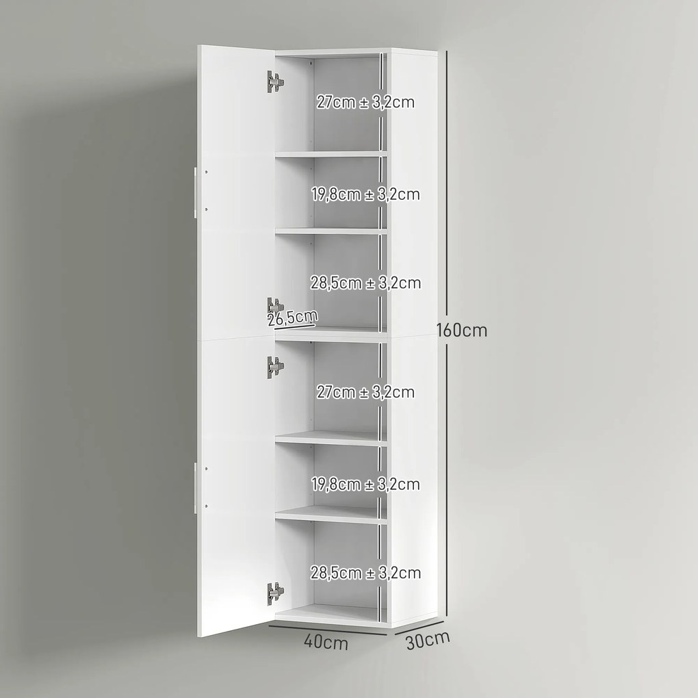 Coluna Casa de Banho de Parede Armário Alto Casa de Banho com Prateleiras Ajustáveis e 2 Portas  40x30x160 cm Branco