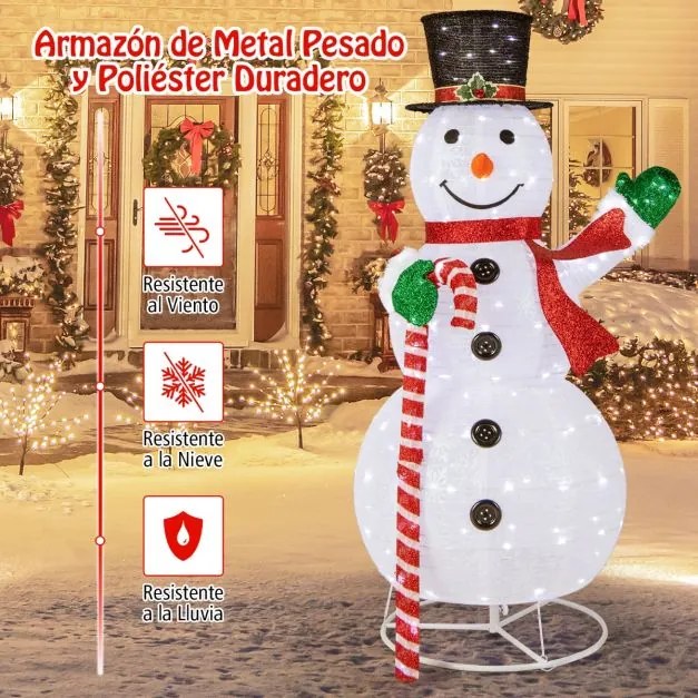 Decoração natal de boneco de neve de 150 cm com 180 luzes LED Chapéu e cachecol de festa