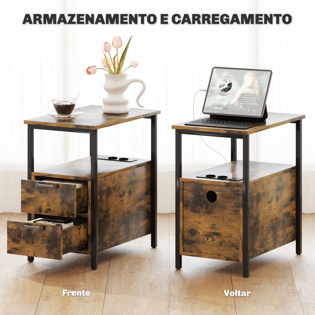 Mesa Auxiliar com Estação de Carga Entrada USB Tomada Elétrica 2 Gavetas e Prateleira 55x35x58,5 cm Castanho Rústico
