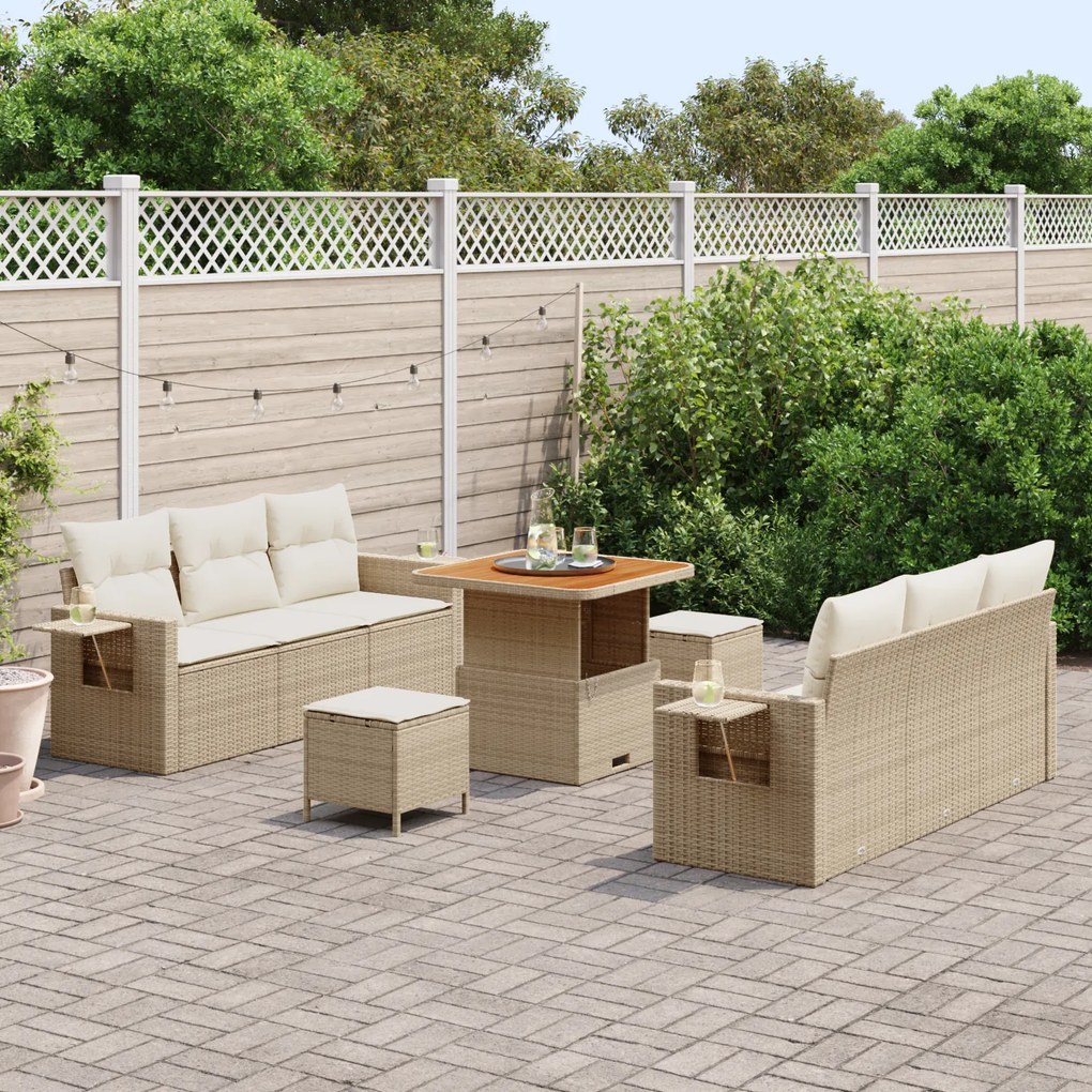 Conjunto de Sofá de Jardim de 9 Peças com Almofadas Bege Rattan Poliés