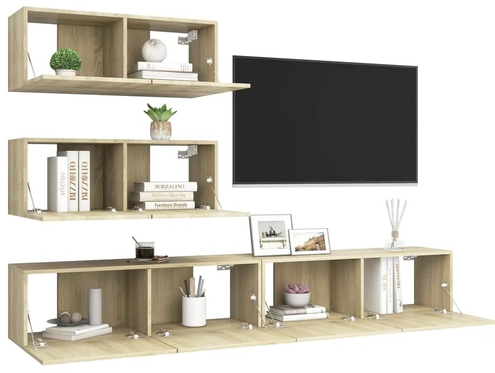 4pcs conjunto de móveis de TV derivados madeira carvalho sonoma