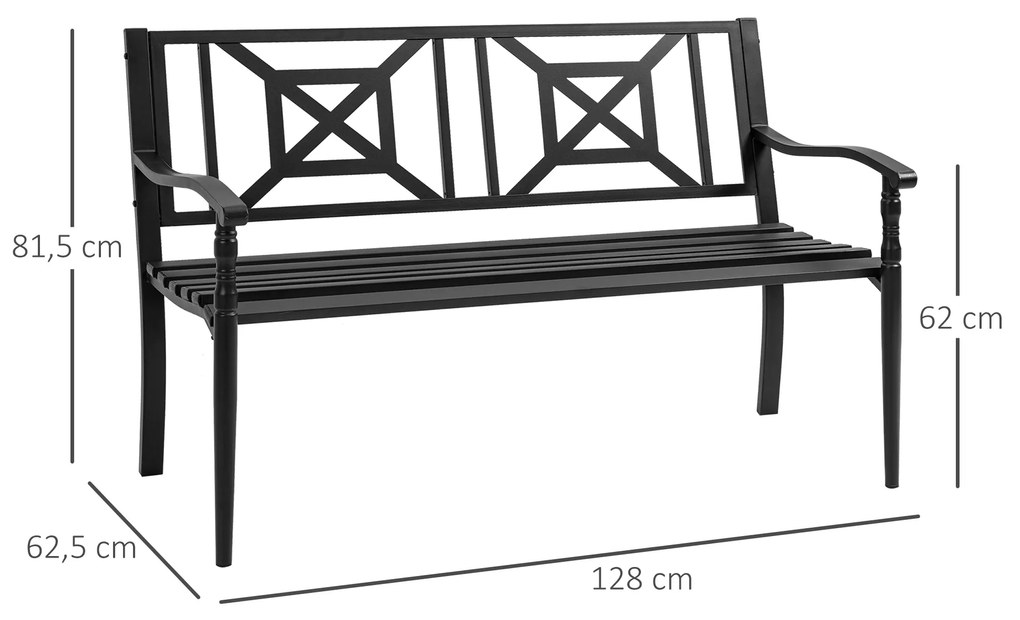 Outsunny Banco de Jardim de 2 Lugares Banco de Exterior de Aço com Apoio para os Braços e Encosto Decorativo para Terraço Varanda Pátio Carga 280kg 128x62,5x81,5cm Preto