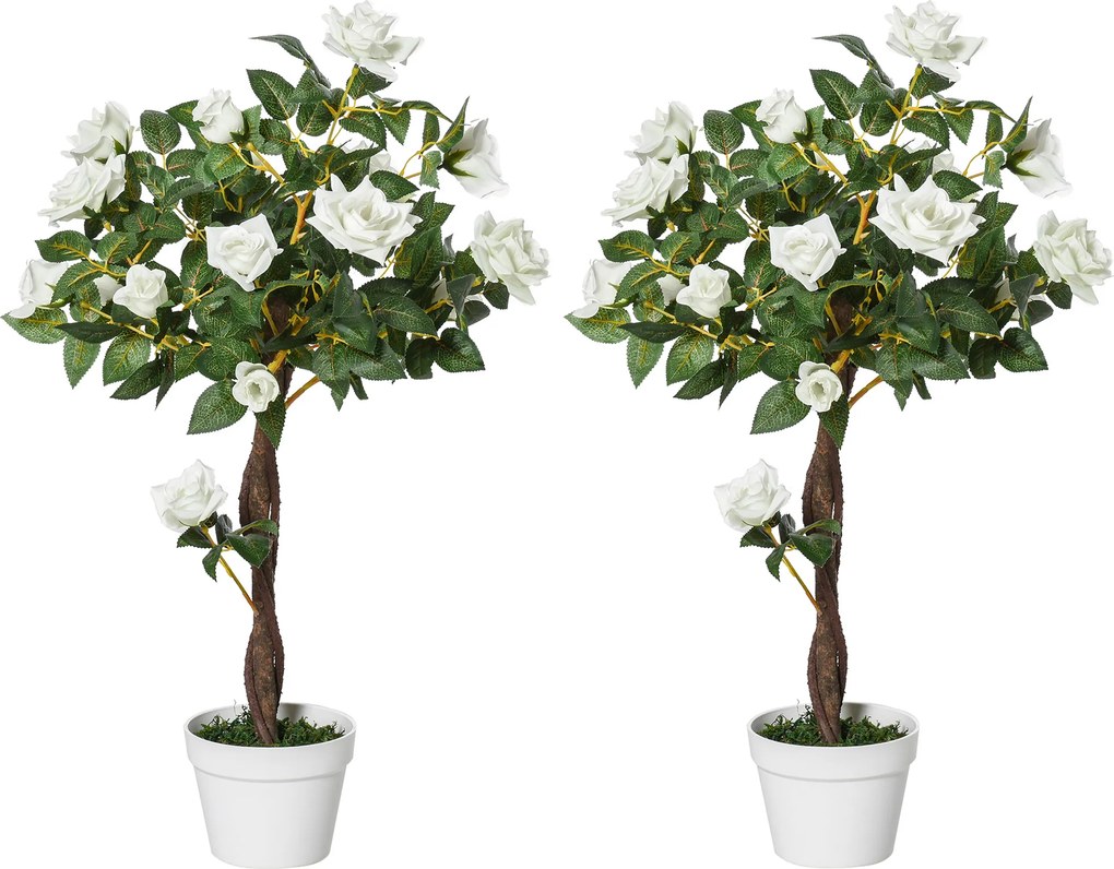 Outsunny Conjunto de 2 Plantas Artificiais Rosas Artificiais com 21 Flores e Vaso de Cimento para Decoração de Casa Verde e Branco | Aosom Portugal